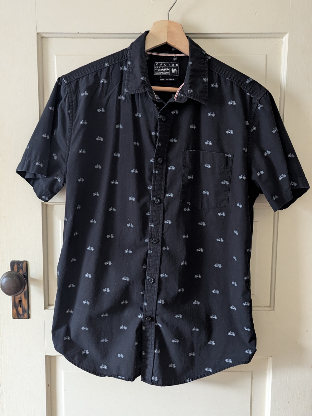Cactus Black Short-Sleeve Button-Down Shirt with Small Bicycle Print